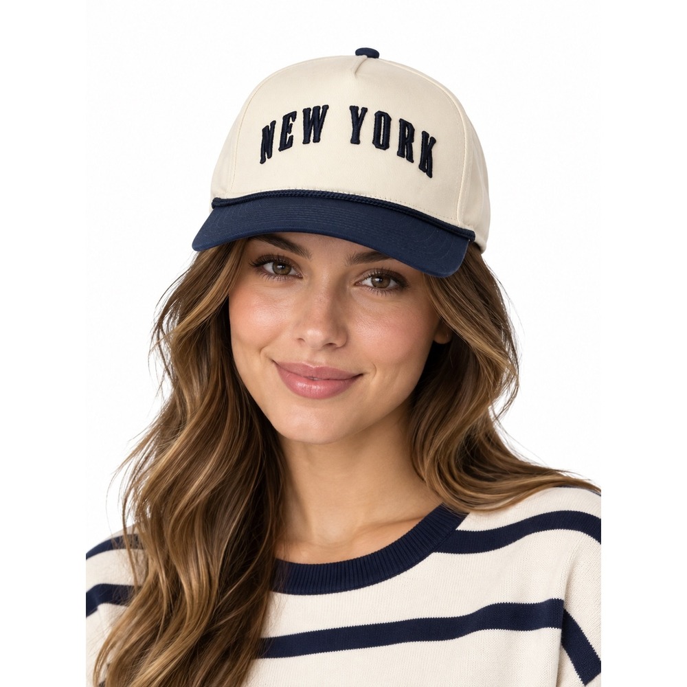 Goodlife New York Snapback Hat Cream Navy Blue Cotton Adjustable Cap NWT 110-83